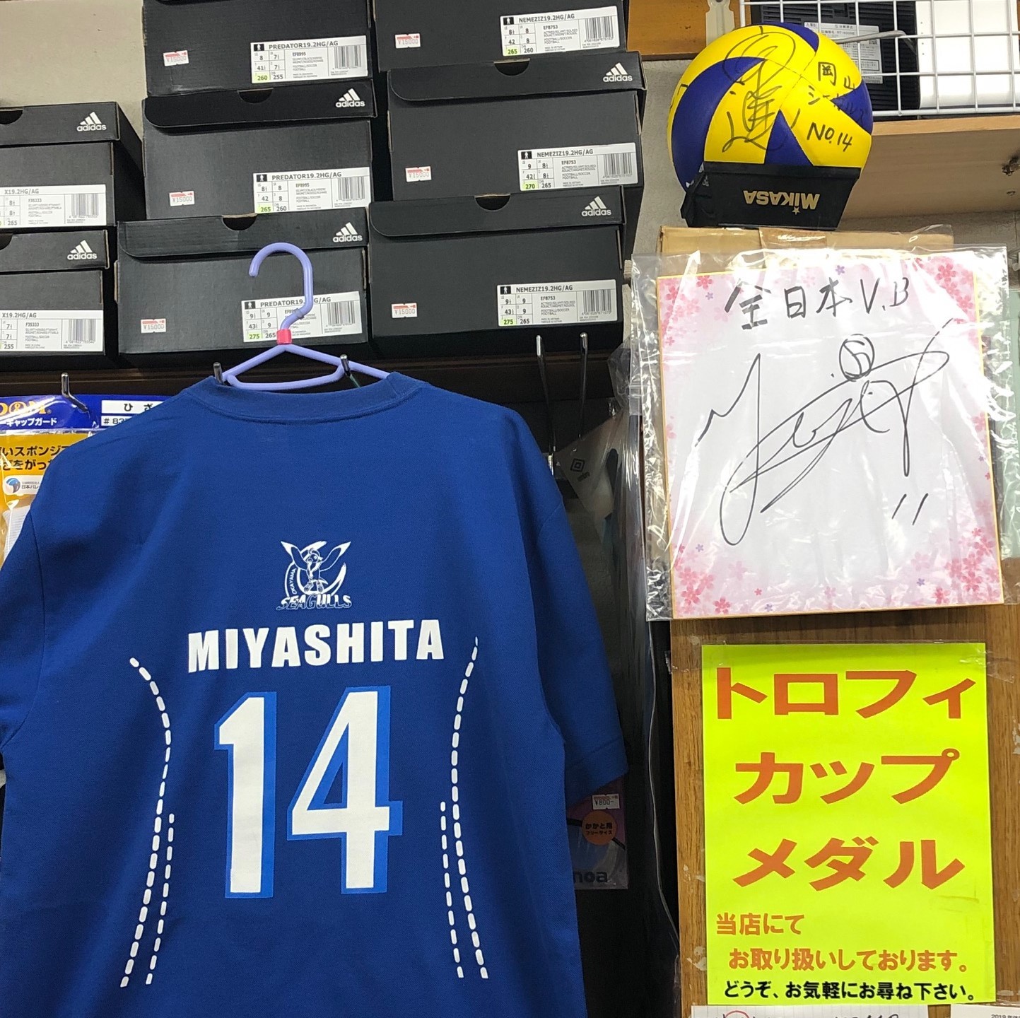 服部スポーツ桑名店内に展示されている宮下遥選手と西田有志選手のサイン